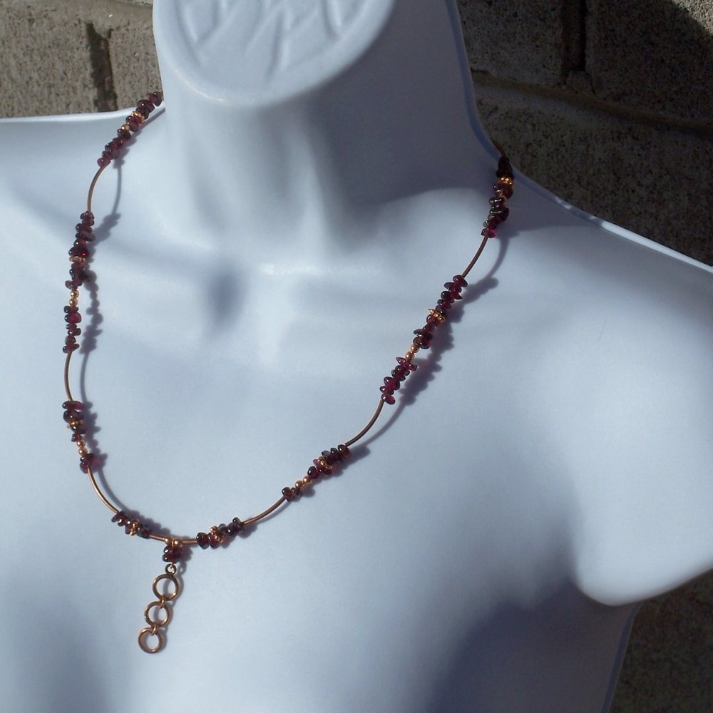 Handmade Necklace with Red Garnets and Bronze Coated Brass Tube Beads  21.5 IN